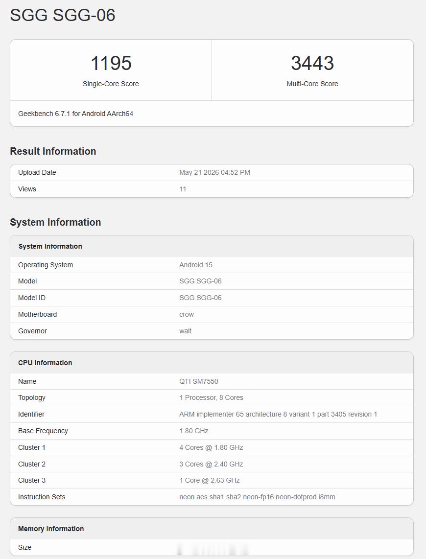 特朗普手机的 GeekBench6 跑分出炉，型号 SGG SGG-06，单核 