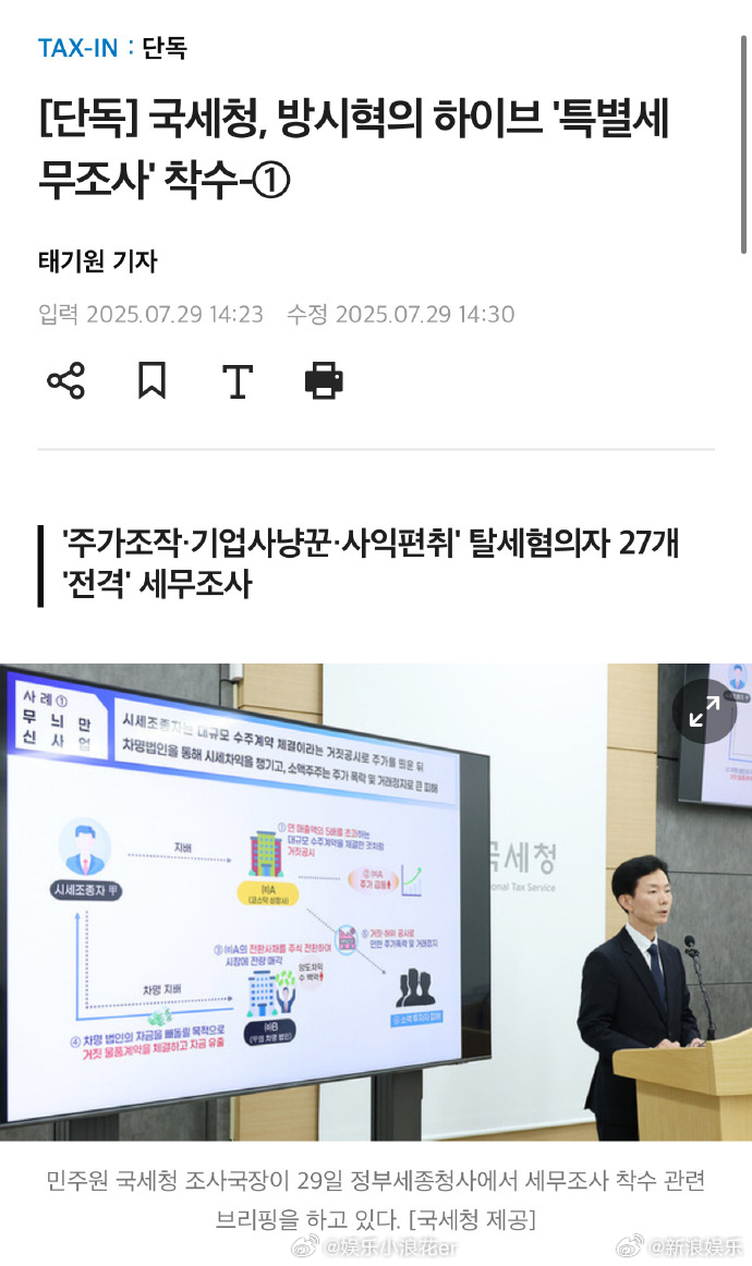 首尔国税厅对HYBE进行突击税务调查 据韩媒29日报道，首尔国税厅突击进入位于首