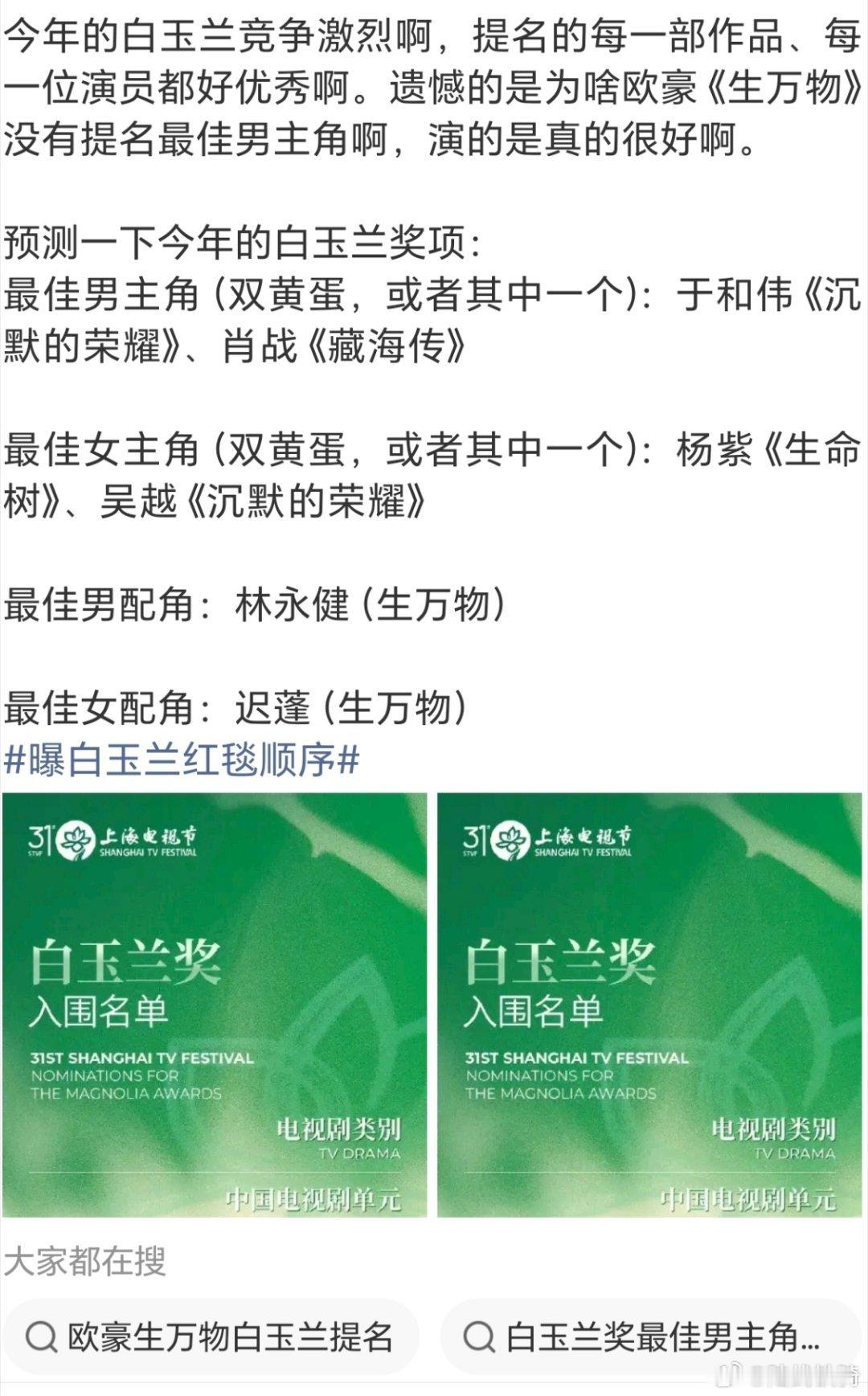 预测的不错啊，但这都是网传，还是等最终颁奖，看看花落谁家吧。肖战于和伟同票第一