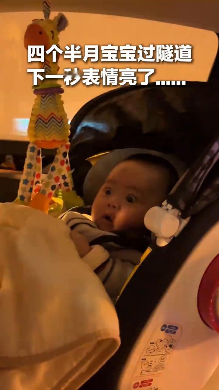 四个半月宝宝过隧道，下一秒表情亮了。
网友：对"眼睛瞪得像铜铃"第一次有了实感。