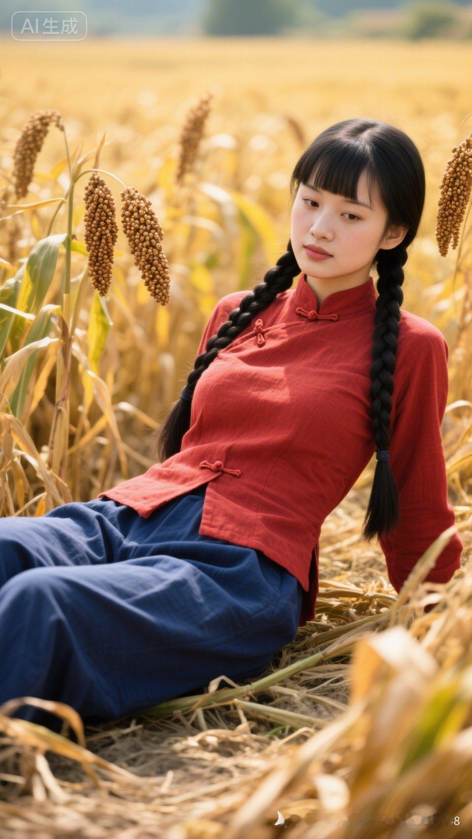 田野里的少女，红衣蓝裤，自然之美。