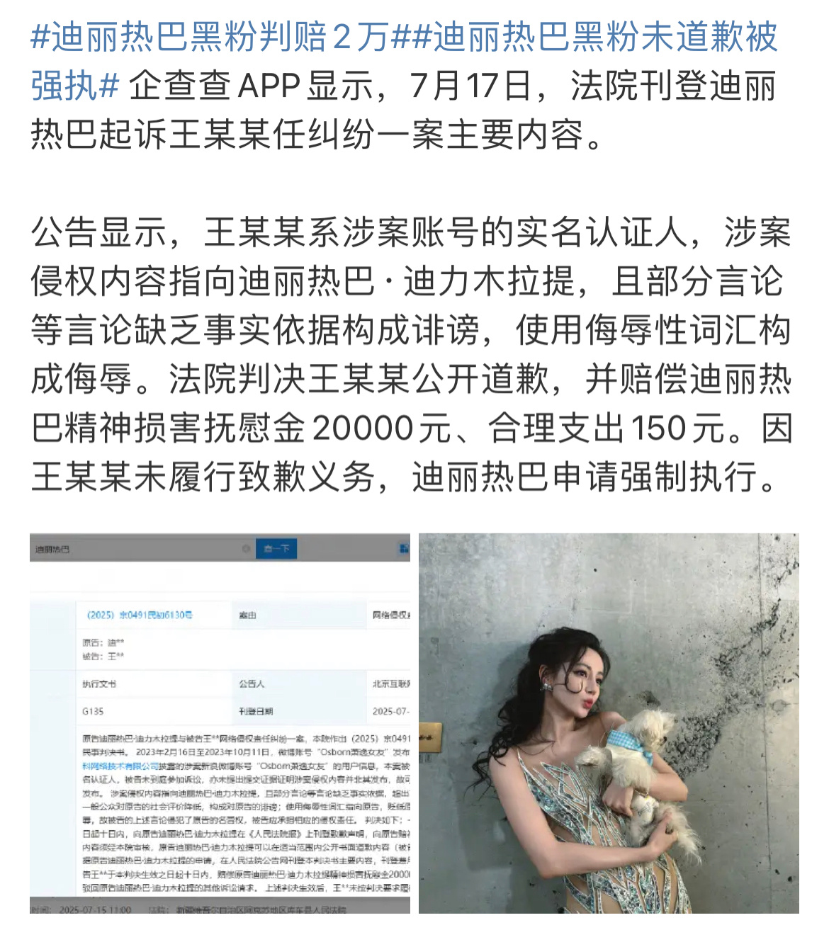 迪丽热巴嘿粉被判诽谤和侮辱。没道歉，所以被强执了。 ​​​