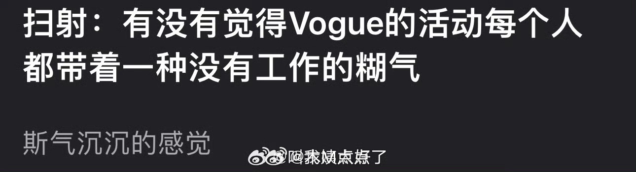 有网友说Vogue的活动每个人都带着一种没有工作的糊气，斯气沉沉的感觉，大家怎么