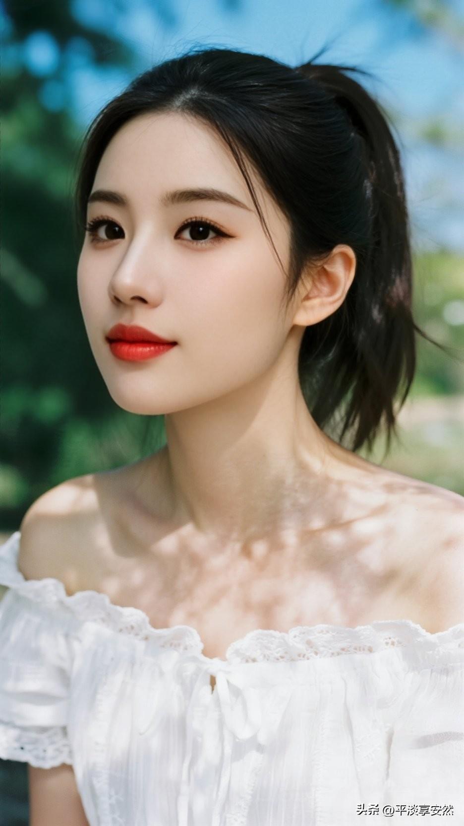 姣姣春日盛景，阳光下的甜美少女，红唇白裙，清新自然。