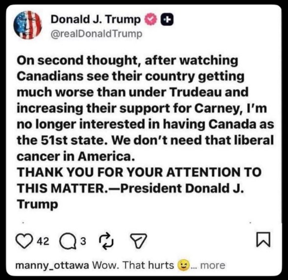 川普说：他对加拿大变成美国第五十一州不感兴趣了！自由主义泛滥之地，没什么好稀罕的