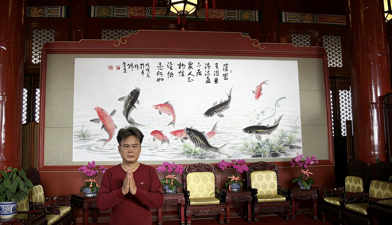 挂藏在北京天安门城楼中厅韩金远所画《九鱼图》，题款：藻密有潜鱼，清流鱼不居。众人