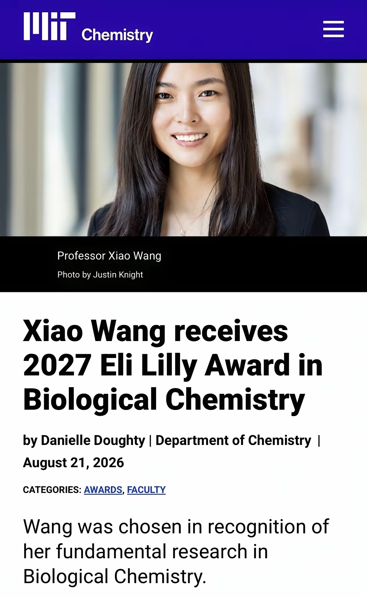 美国华裔科学家王晓（Xiao Wang）获得2027年礼来生物化学奖。这个奖含金