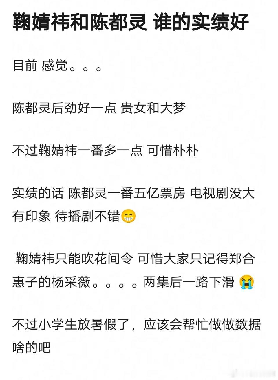 鞠婧祎有数据、陈都灵有演技，但实绩好像都不咋样 ​​​