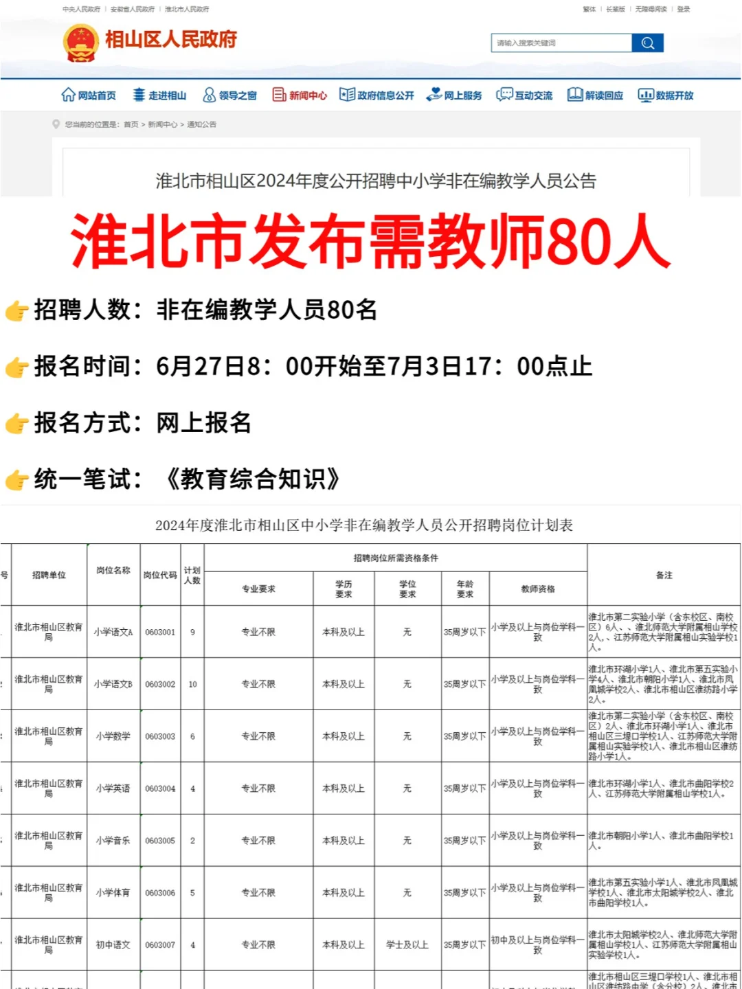 淮北再招中小学教师80人！只考《教综》