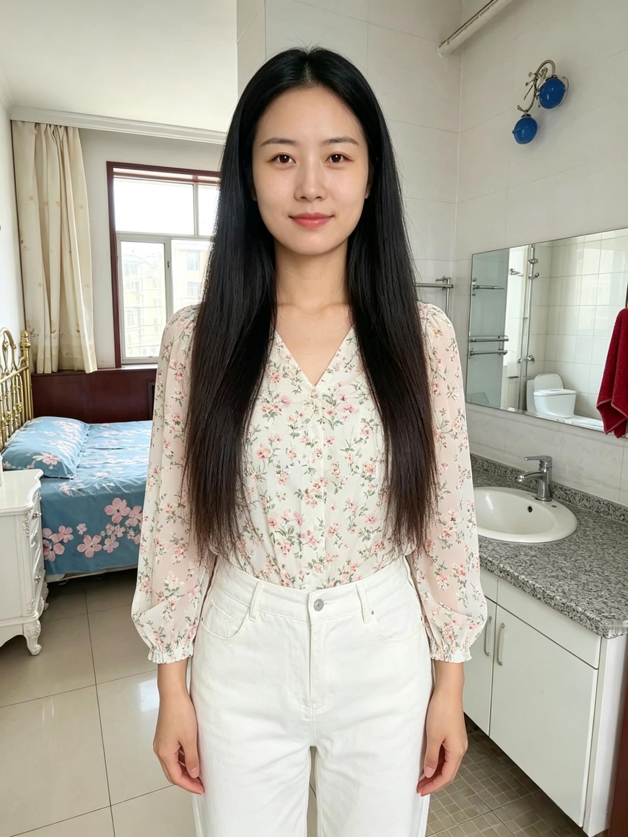 暖阳洒满整洁明亮的房间
碎花衣袂裹着满室温柔清甜
乌黑长发垂落肩头
眉眼弯弯，带