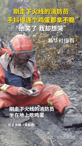 灭火后手抖握不住鸡蛋，消防员一笑，看哭无数人
 
山林明火被成功扑灭，刚走下火线