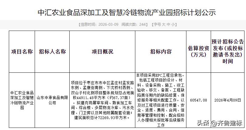 山东枣庄一产业园项目投资超6亿，预计4月份招标

2026年3月9日，枣庄公共资