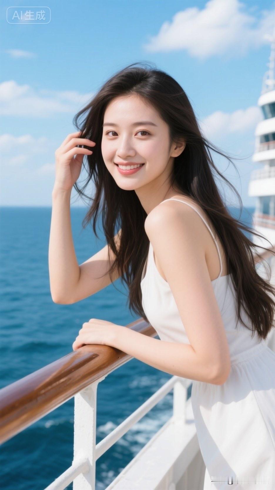 阳光明媚，海风吹拂，女孩微笑。