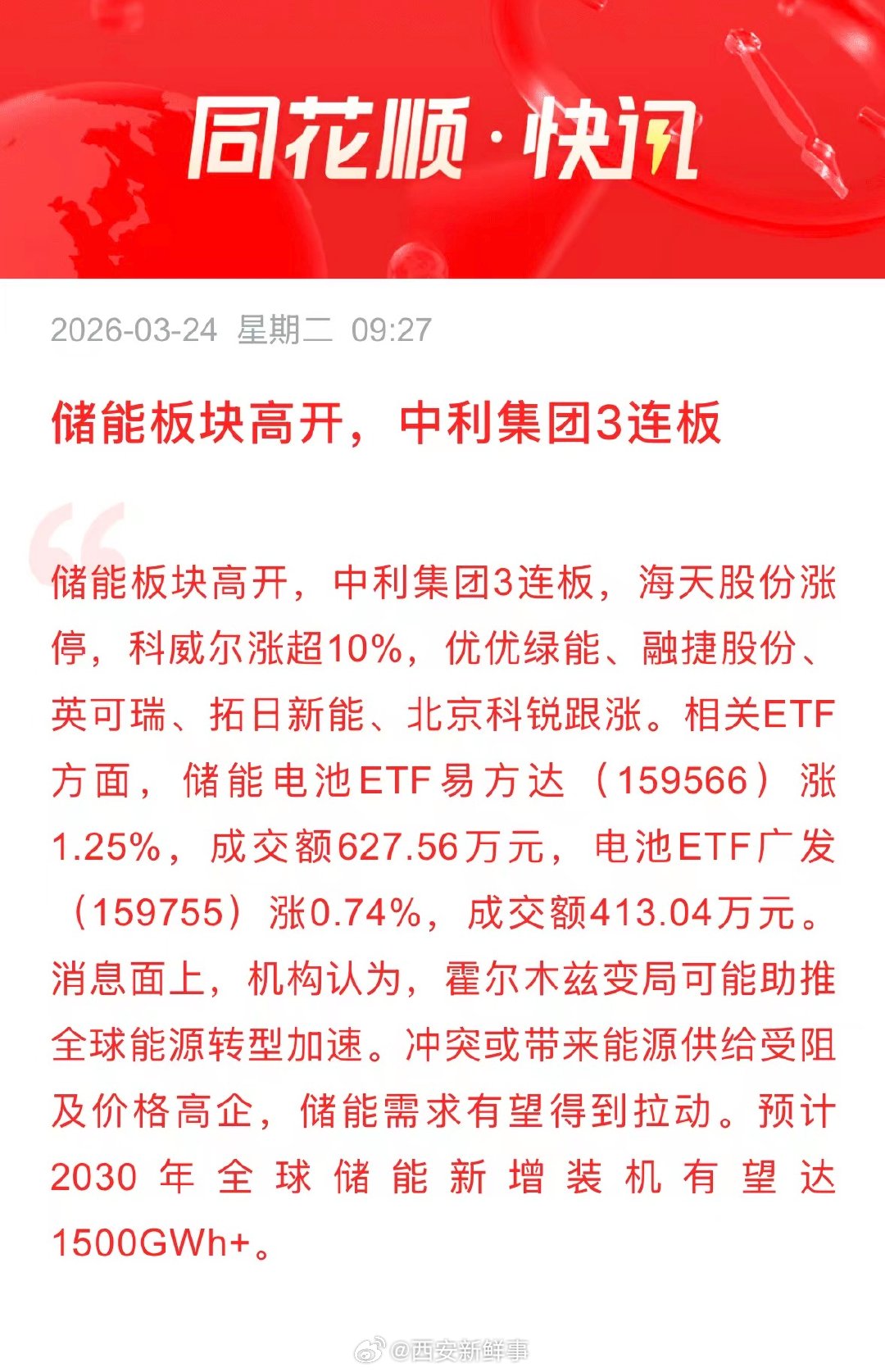 【储能板块高开】储能板块高开中利集团3连板3月24日早间开盘，储能板块高开，中利