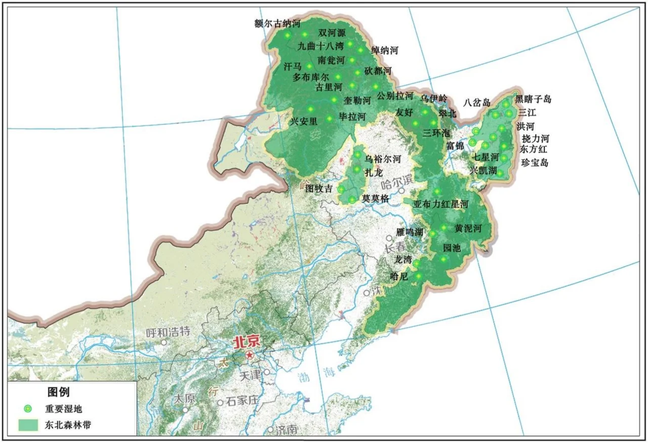 东北森林带重要湿地布局示意图