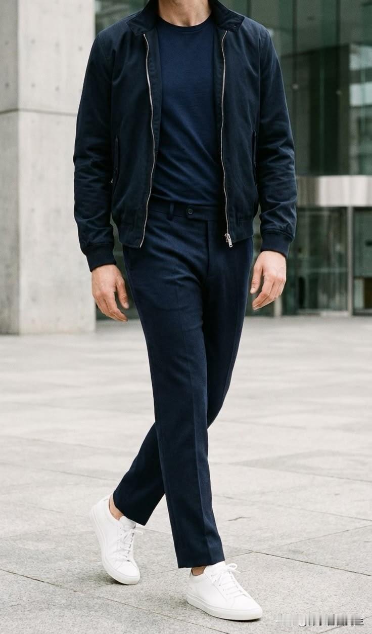 藏青色反绒羊皮哈灵顿夹克+同色系圆领针织衫+同色系西裤+小白鞋的穿搭组合，是经典