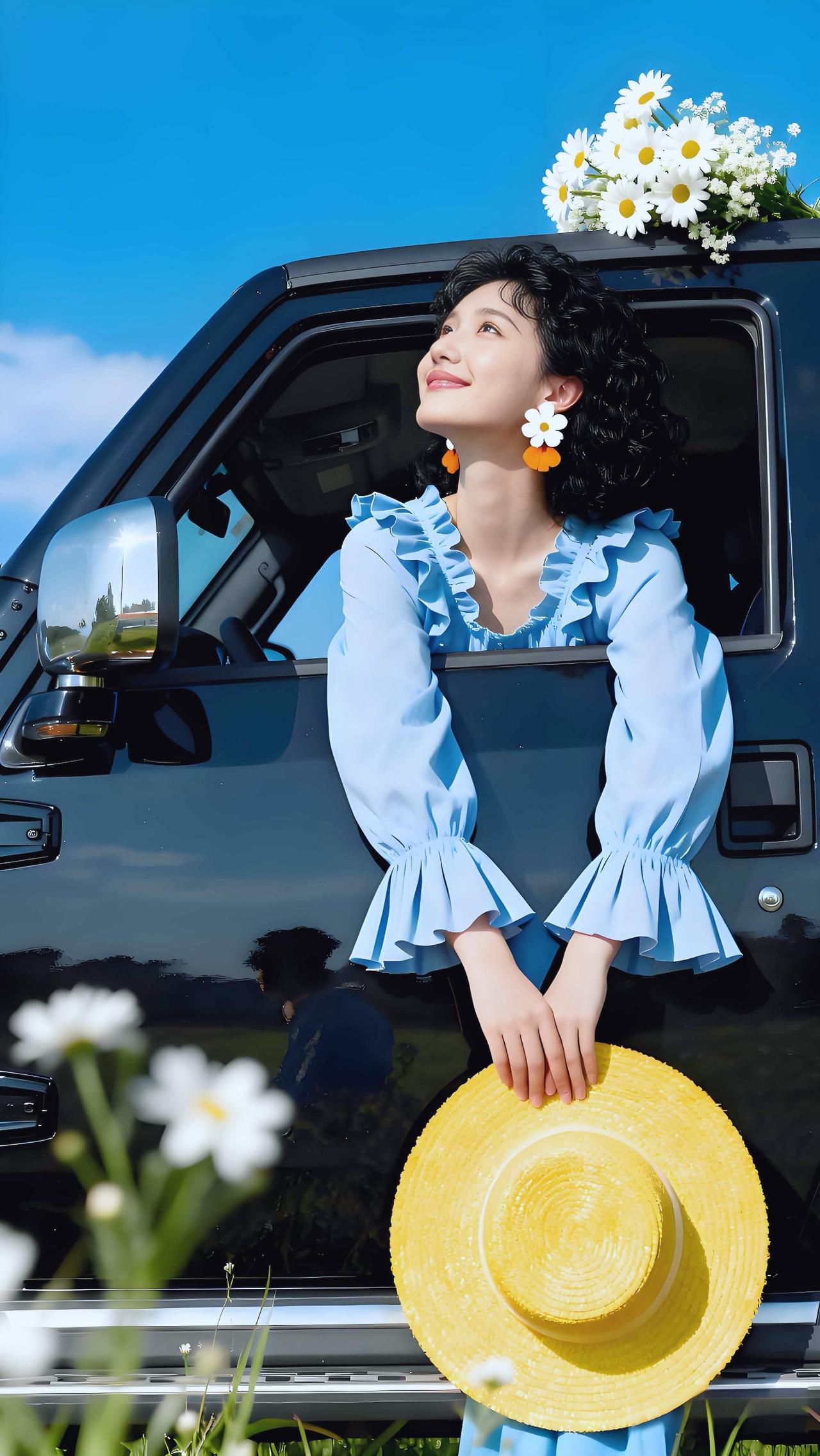 晴光漫洒郊野，蓝裙少女探出车外，指尖勾着明黄草帽，雏菊绕身，笑眼望云。