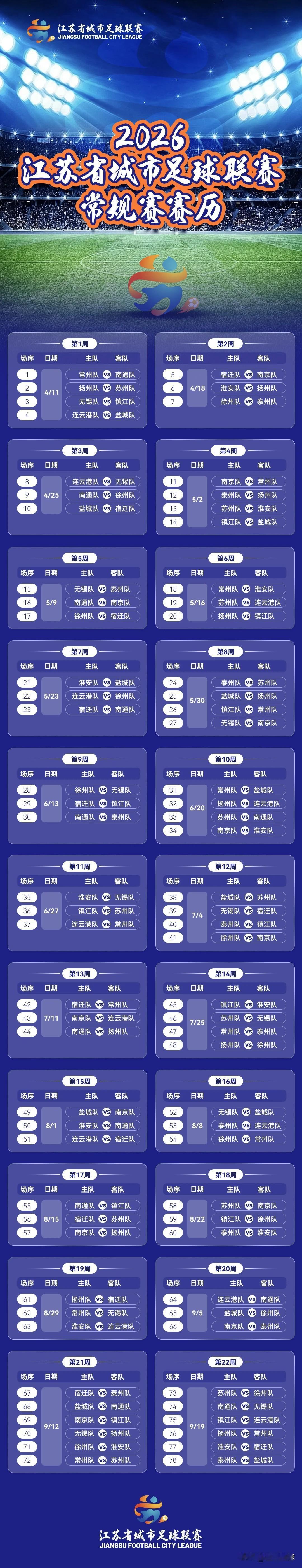 2026苏超比赛时间和场次出炉，一起支持苏超！