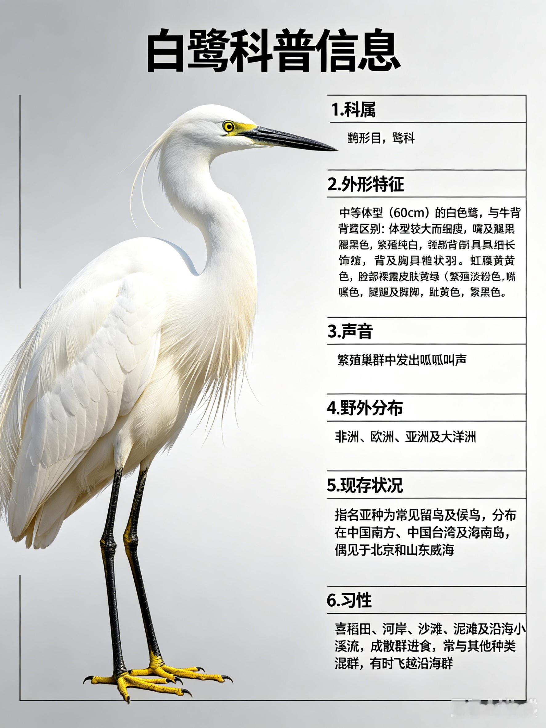 鸟类朋友图鉴 白鹭·科属：鹳形目，鹭科。·外形特征：中等体型（60cm）的白色鹭