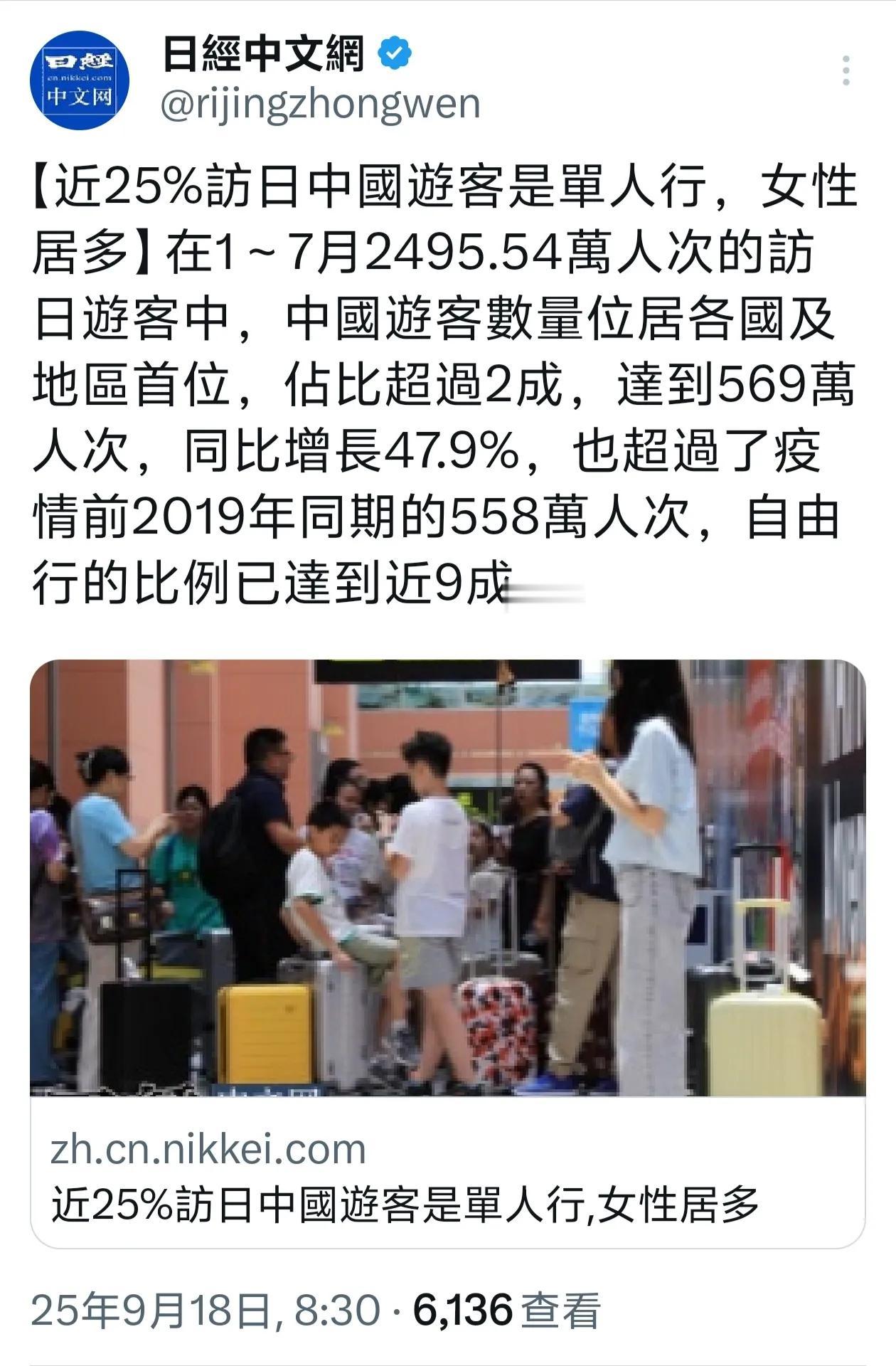 日媒9月18日报道，今年前7月中国游客到日本旅游人次达569万人次，超过了201