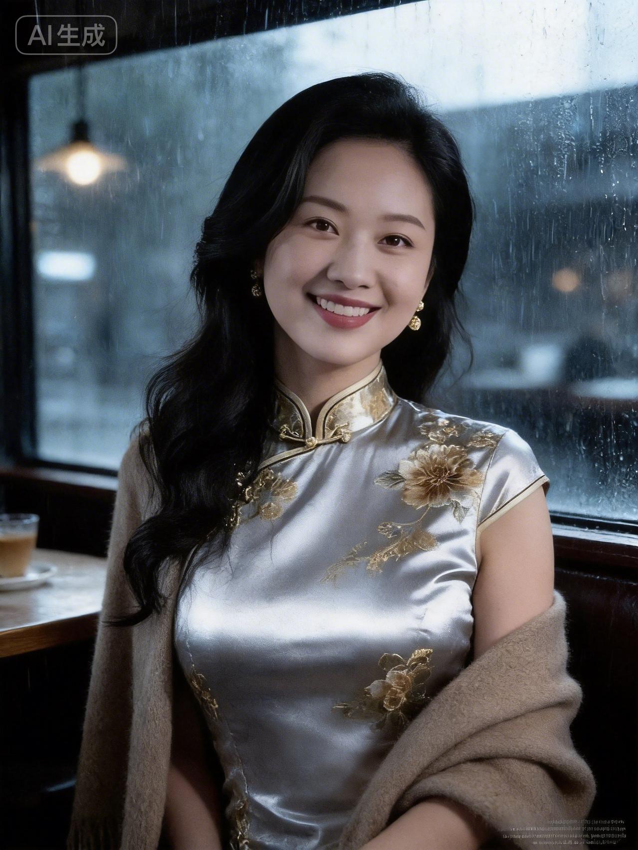 优雅东方美人，雨中咖啡馆的微笑