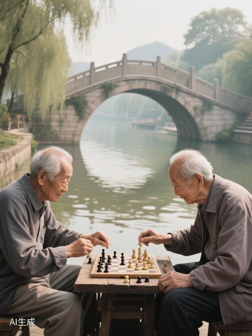 AI妙生图河畔石桥边，老人们对弈，时光于此慢下来，每一步皆有深意，耐人寻味。
