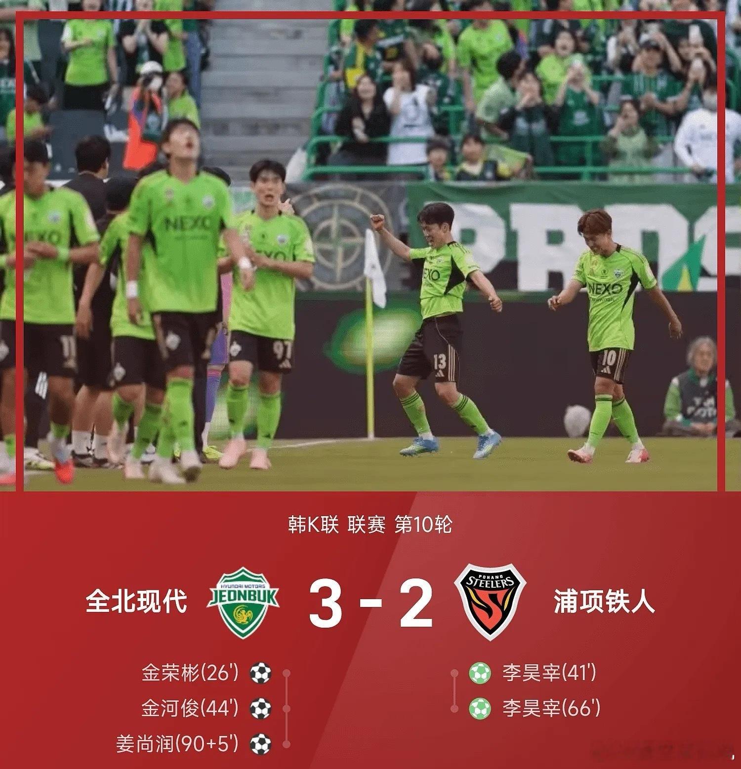 04月26日韩K联联赛第10轮，全北现代主场以3-2力克浦项铁人，金荣彬和金河俊