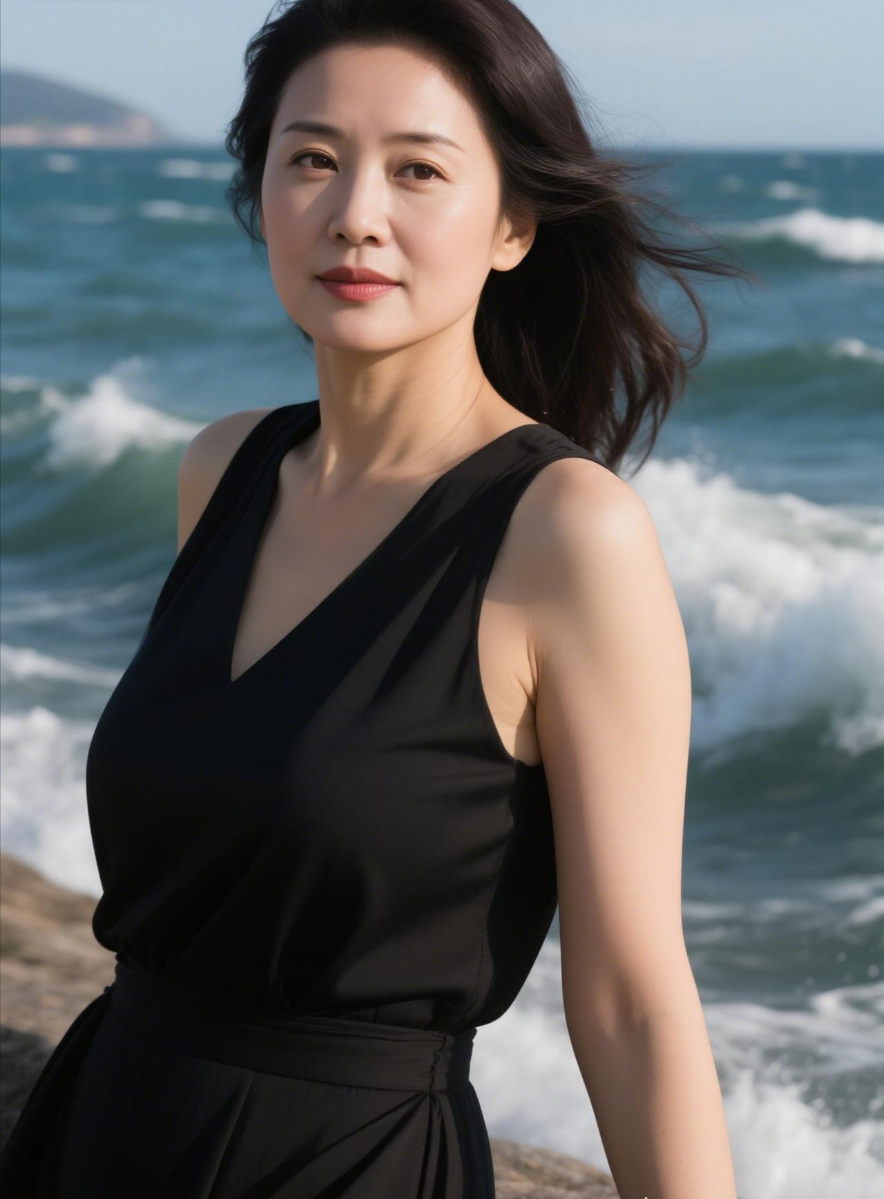 黑裙与大海相映，优雅又有力量