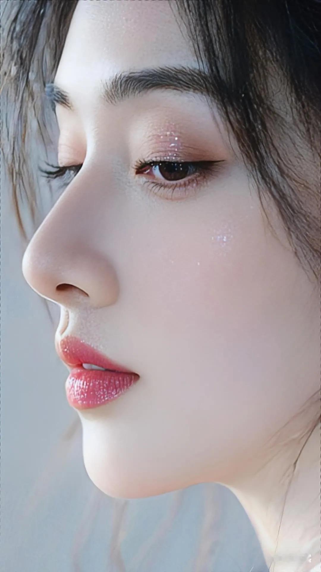 温柔甜美的侧颜，粉嫩唇妆，梦幻少女心