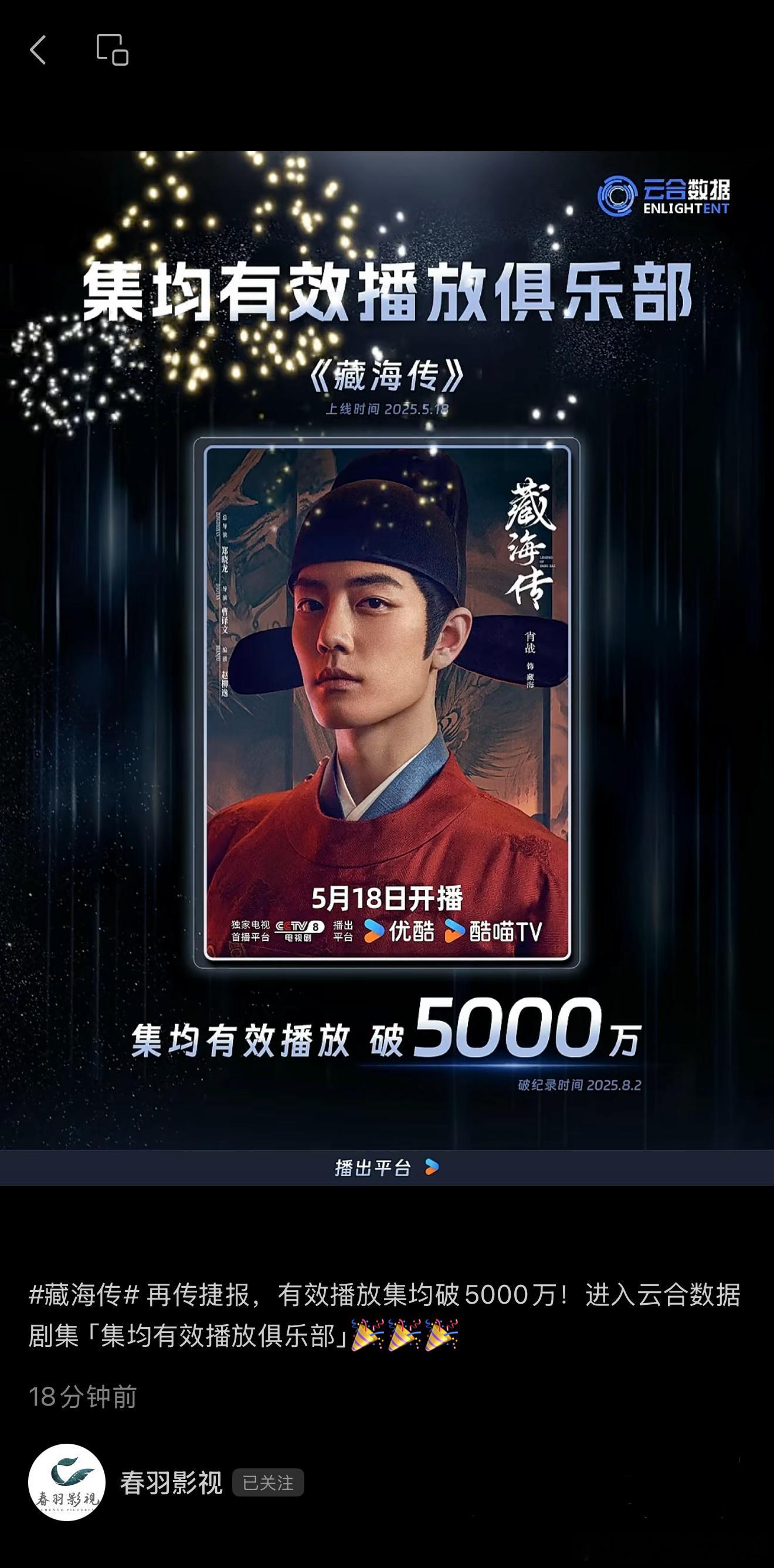 春羽影视《藏海传》再传捷报，云合集均破5000万！     古装传奇大剧《藏海传