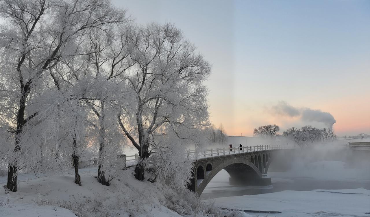雪霁长桥映雾凇冬天 下雪啦