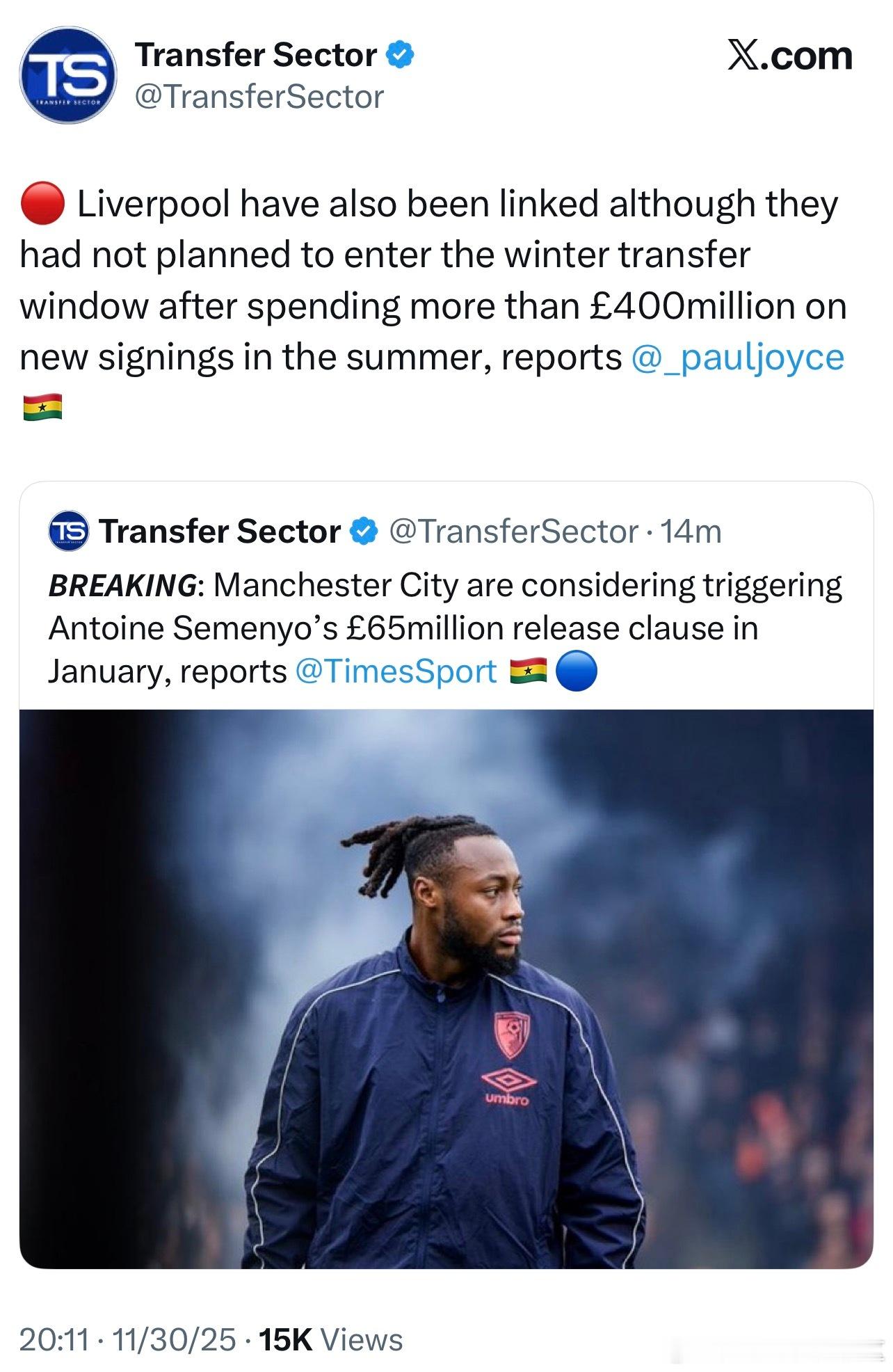 泰晤士报Paul Hirst 和乔伊斯的联合报道称曼城正在考虑在冬窗激活塞梅约合