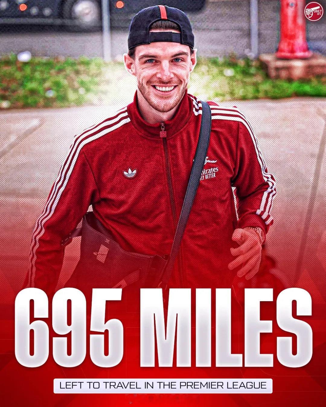 TA统计，阿森纳在本赛季剩余的英超比赛中拥有最少的客场总里程，只有695英里，这