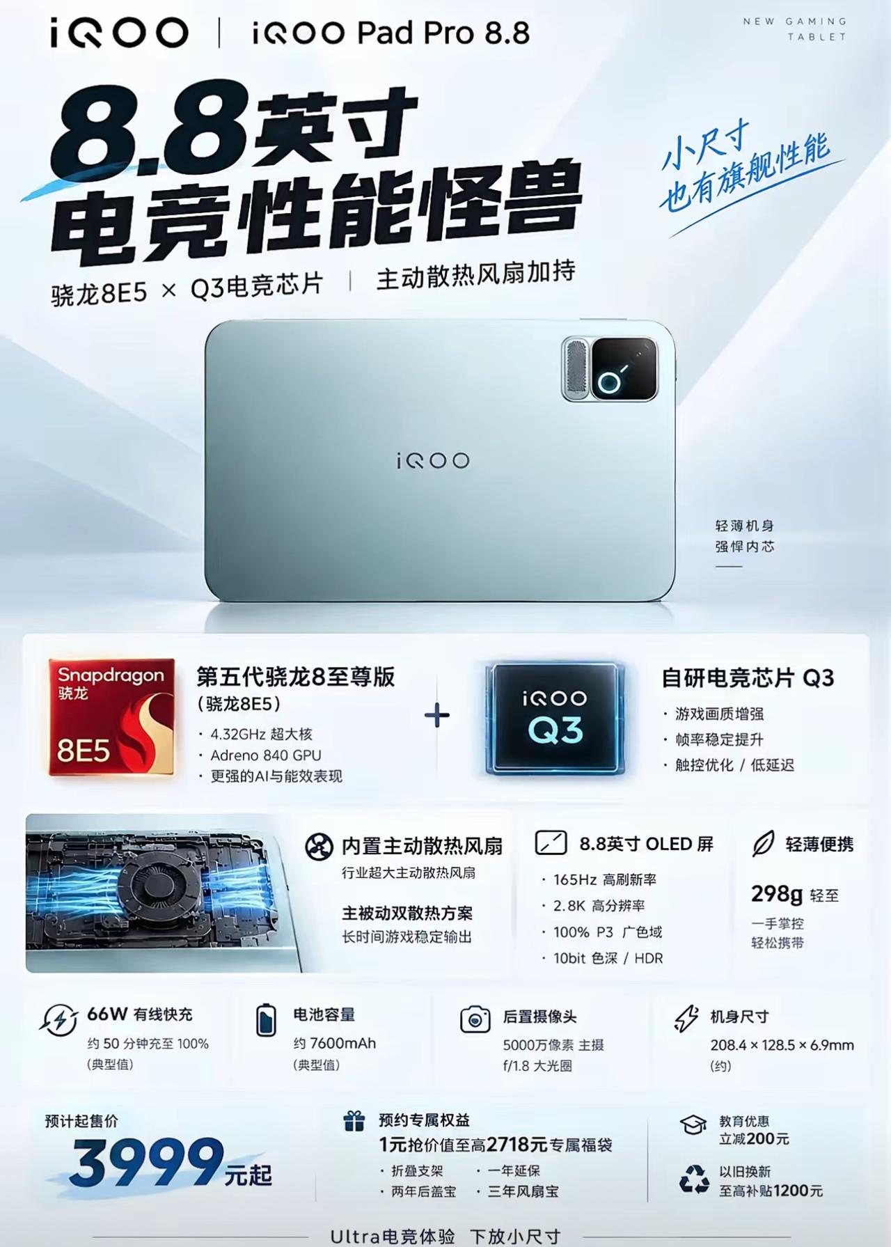 小尺寸电竞平板来了！
iQOO Pad Pro 8.8发布，骁龙8E5加持

i