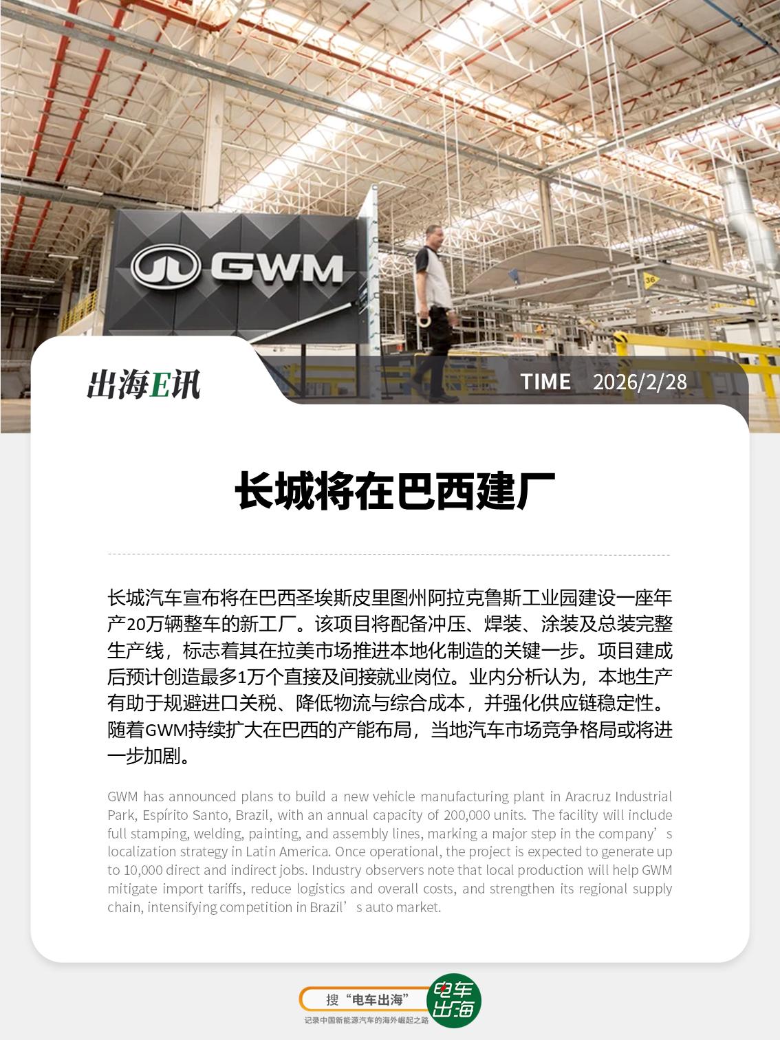 【出海E讯：长城将在巴西建厂】
长城汽车宣布将在巴西圣埃斯皮里图州阿拉克鲁斯工业