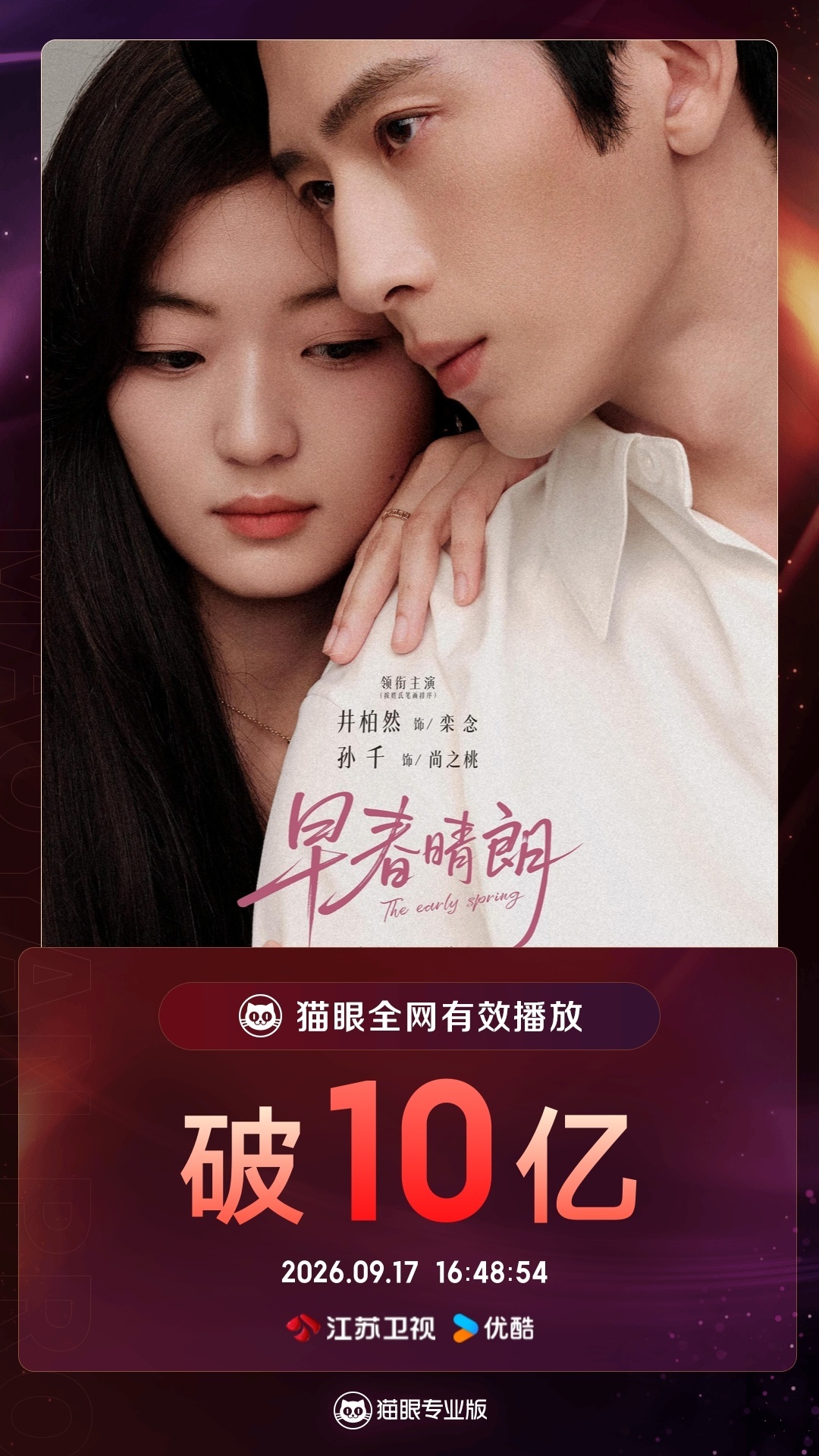 剧集早春晴朗[超话]早春晴朗有效播放量破10亿 据猫眼专业版数据，领衔主演网络剧