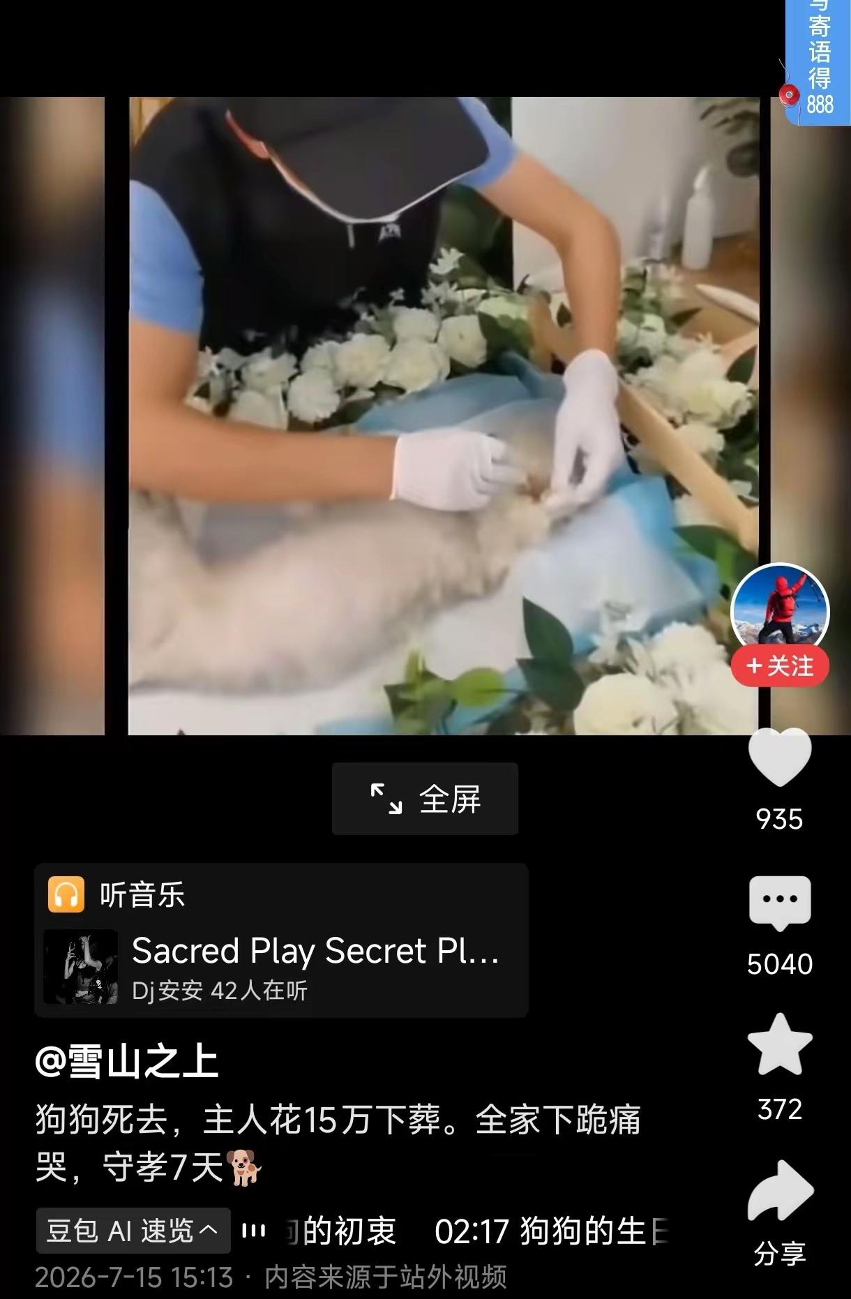 一只宠物狗死去，全家如丧考妣。
    不仅如此，居然全家人为它扶棺痛哭，守孝5