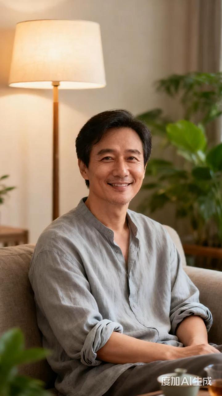 在我家客厅，就有这么一位大叔常常微笑着。那大叔是我爸，每次看到他在客厅微笑，我就