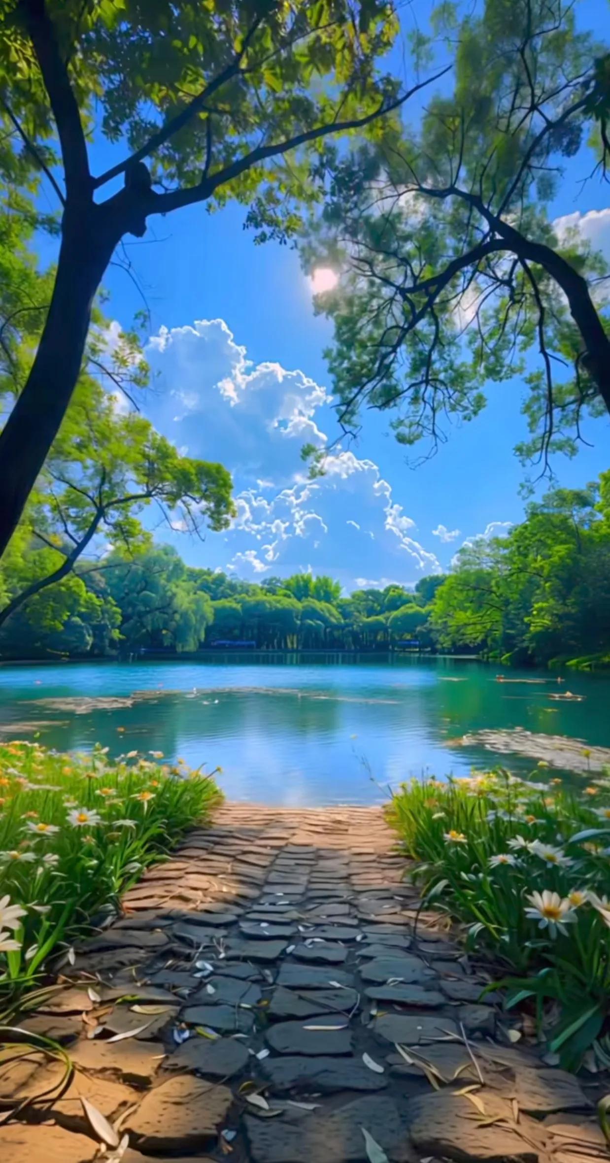 湖光山色映照，万紫千红竞开。此景令人心旷神怡，仿佛置身于诗画之中，沉醉于自然的怀