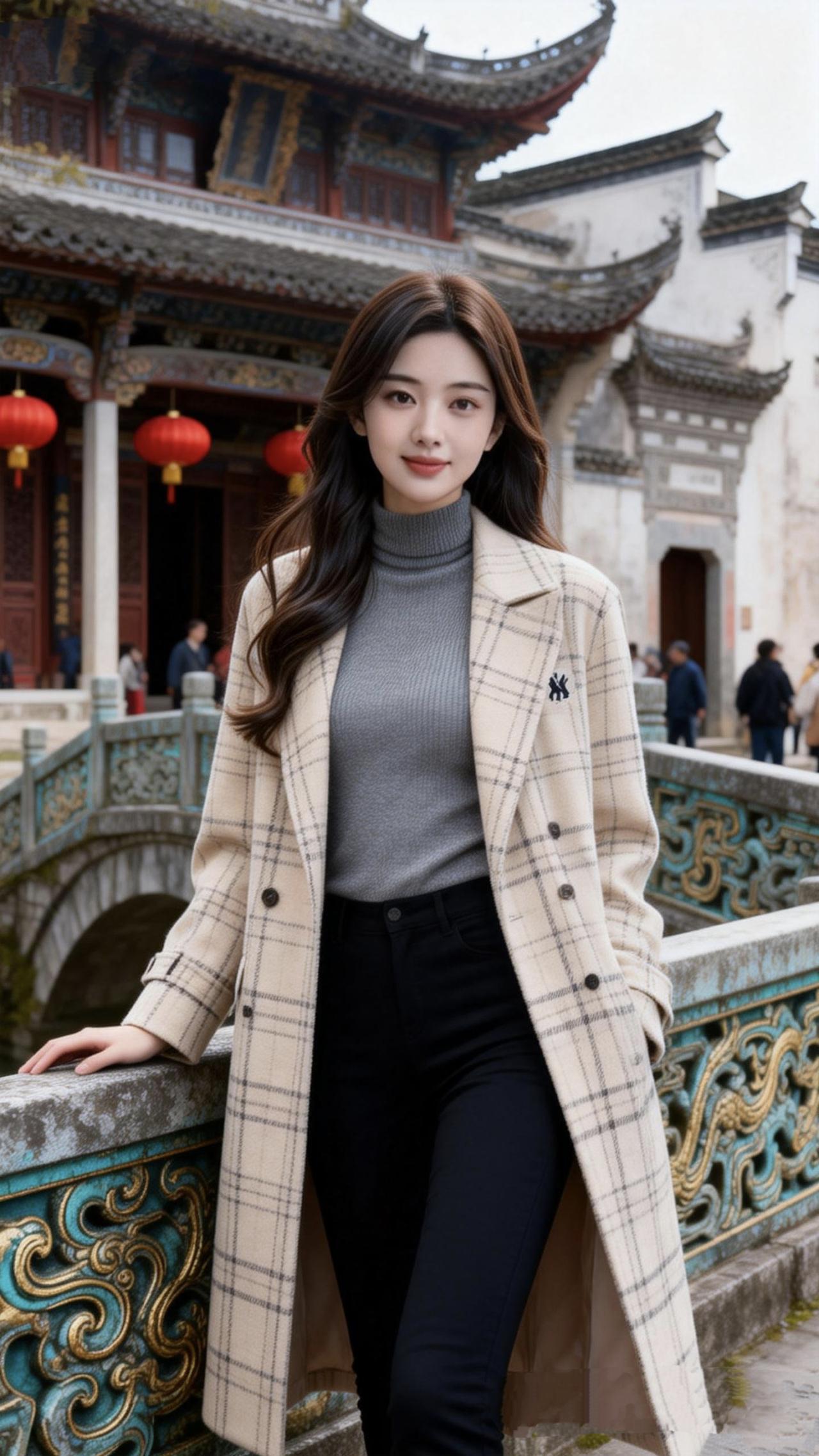 《古桥遗梦》
 
黛瓦勾云天，朱檐映日斜。
红妆悬绮户，彩练锁烟霞。
玉立桥栏畔