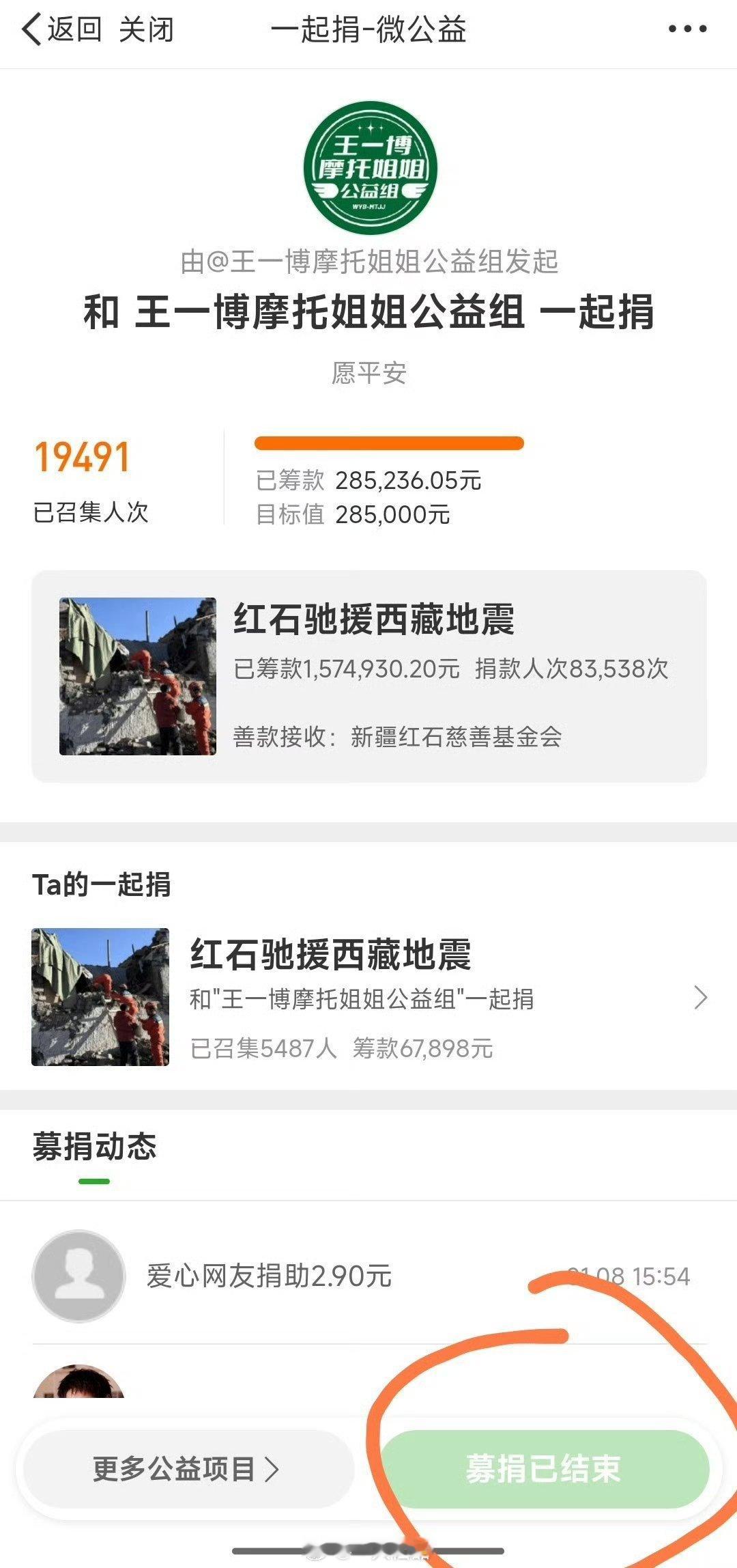 王一博粉丝通过新疆红石慈善基金驰援西藏地震灾区的善款现在第一轮募捐目标达成，募捐