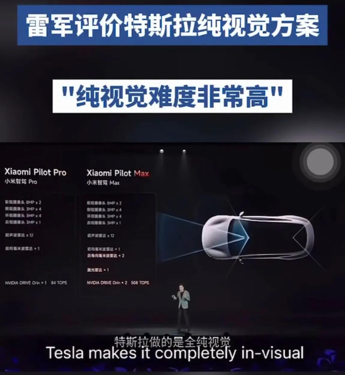 这就是雷军的聪明之处，特斯拉用纯视觉方案，雷军会说纯视觉难度非常高。

一副很佩