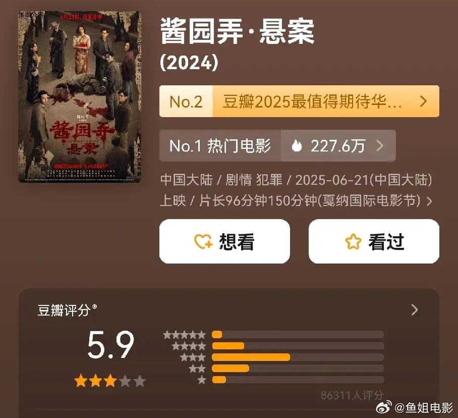 《酱园弄》的评分出来了5.9分，导演陈可辛犯了一个和《长安的荔枝》同样的错误。把