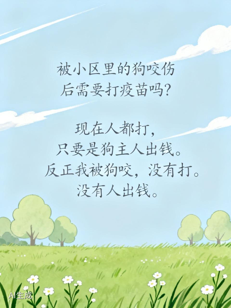 被小区里的狗咬伤后需要打疫苗吗? 如今，只要是狗主人掏钱，人们通常都会去打疫苗。