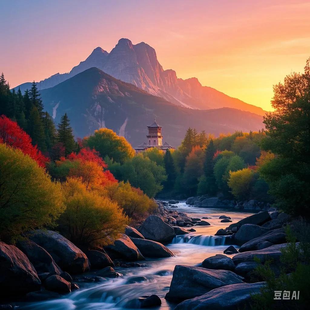 荆紫仙山。夕阳余晖里，山影朦胧，树染斑斓，炊烟袅袅升，余晖伴水流，此景恰似画中游