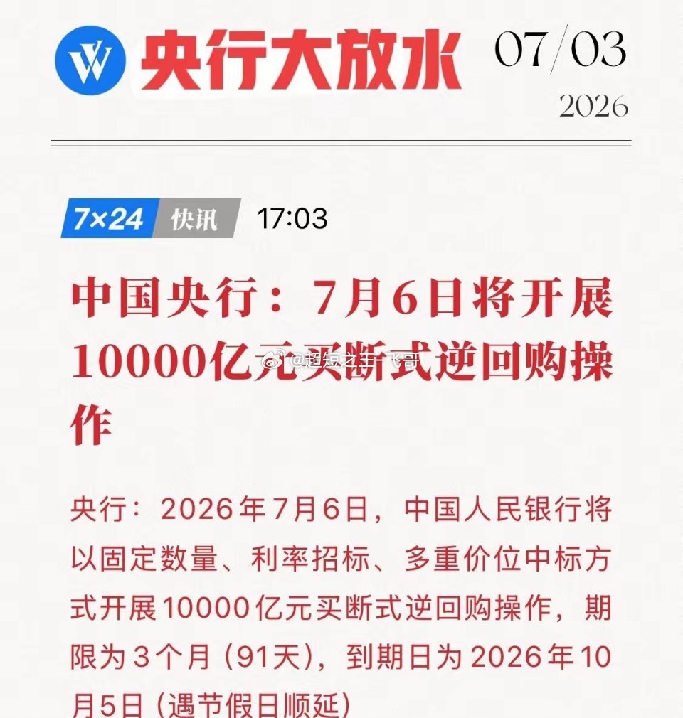央行重磅“放水”！10000亿买断式逆回购来袭，A股要起飞？央行出手了！7月3日