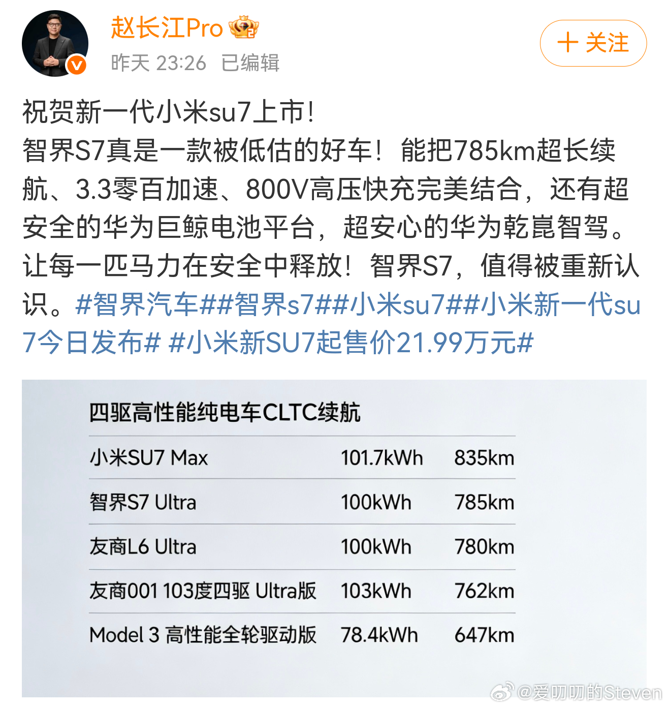 昨晚小米发布会后，智界汽车 长江总恭喜了新Su7上市，并且对小米发布会中对比了智
