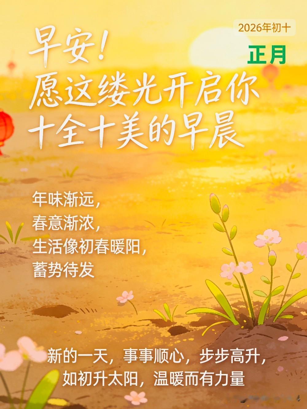 [微风]🌷🌞☕️💫✨🌷[微风]
初十的晨曦，
带着春节余温，
温柔洒落。