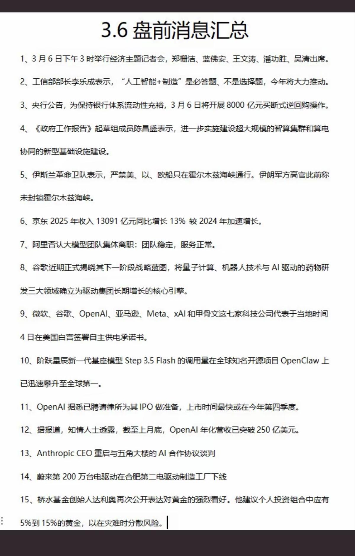 3.6周五  最新：财经热点事件汇总！

1.人工智能+制造
2.智算集群+算力