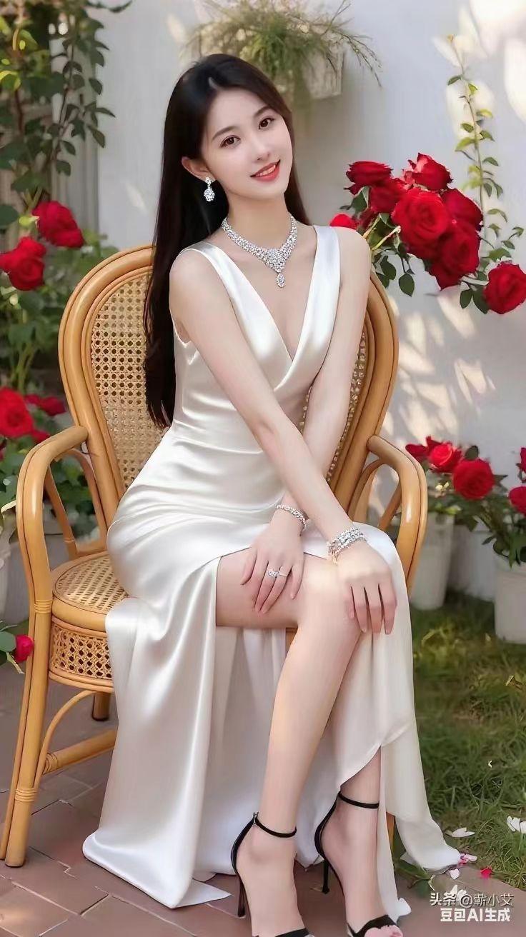 白裙如月，红玫瑰旁笑靥如花，成艳玲的绝美瞬间，优雅得让人移不开眼！
